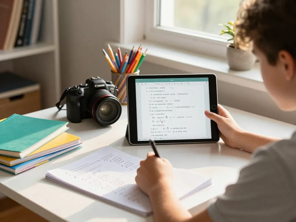 Student verwendet ein Hausaufgaben Löser Online-Tool auf einem Tablet in einer gemütlichen Lernumgebung, umgeben von Büchern und Schreibwaren.