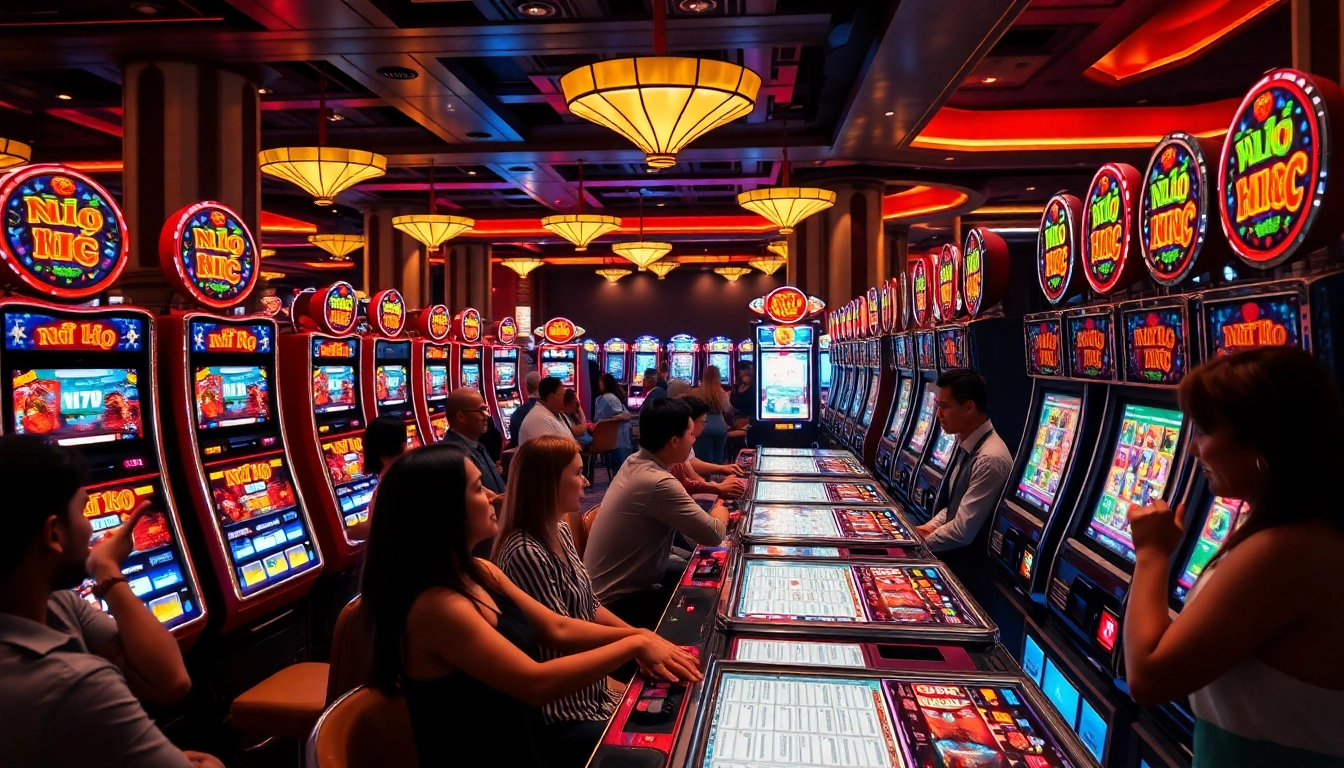 Exciting gamblers playing nổ hũ slot machines in a vibrant casino environment.