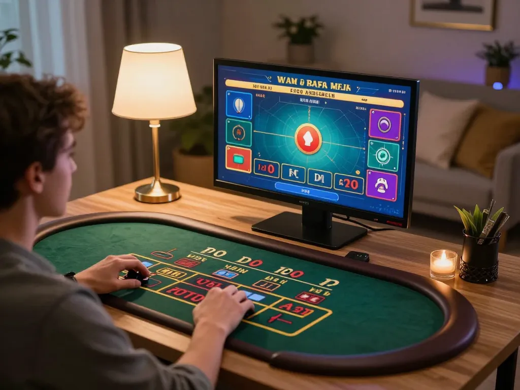 KJC player engaging in live dealer online casino game at home, showcasing immersive virtual gaming experience