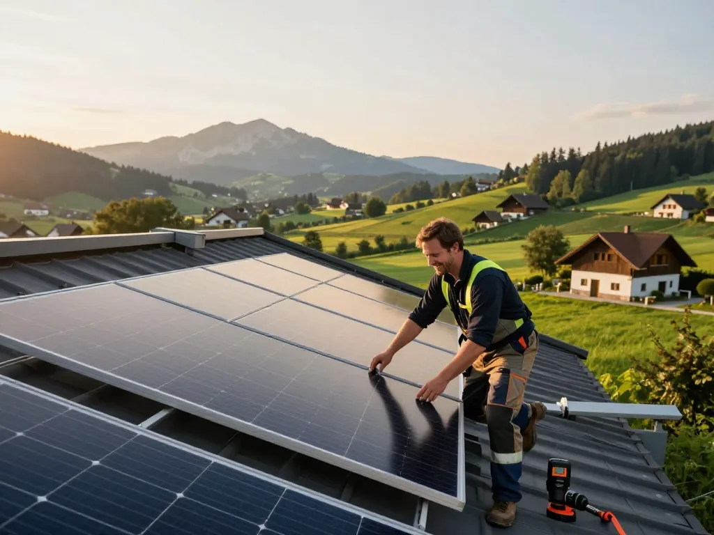 Photovoltaik Bayern Installation mit Techniker, der Solarpanels im bayerischen Sonnenaufgang anpasst.