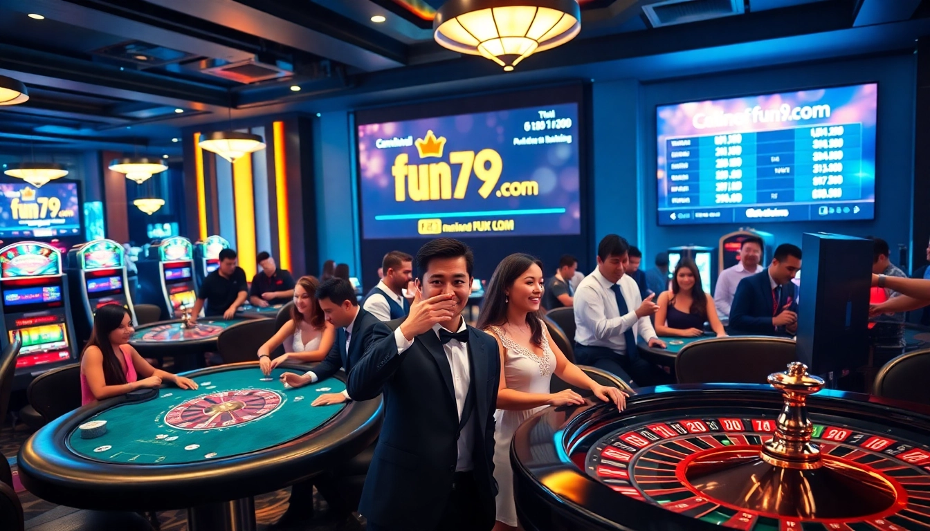 Engaging scene featuring players at fun79 com, enjoying poker tables and slot machines in a vibrant casino atmosphere.