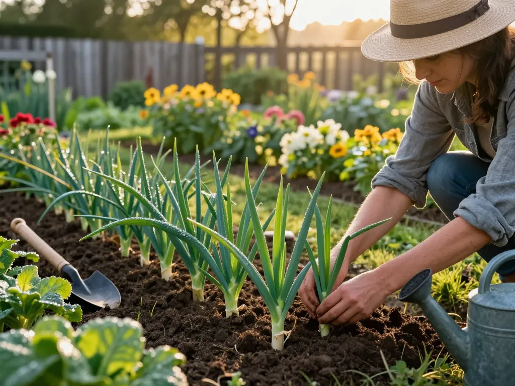 Gardener nurturing porree jungpflanzen in a vibrant garden at sunrise.