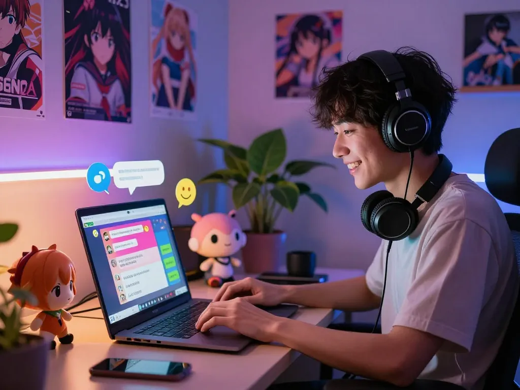 Engaging hentai AI chat scene with a user interacting in a vibrant anime-themed room.
