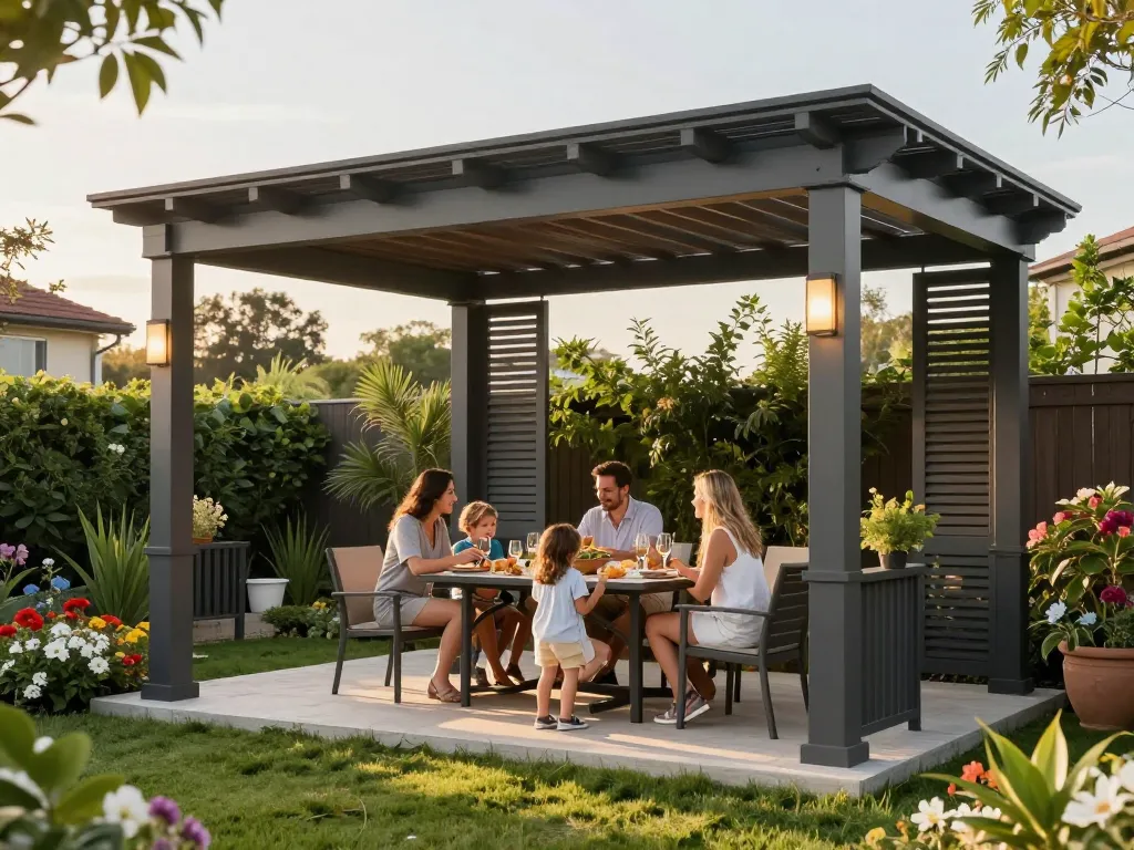 Familie genießt die im Pergola Konfigurator 3D gestaltete Pergola in einer schönen Hinterhofkulisse.