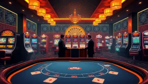 Erleben Sie den Glanz von online casino schweiz mit einem beeindruckenden virtuellen Blackjack-Tisch und luxuriösen Spielautomaten im Hintergrund.