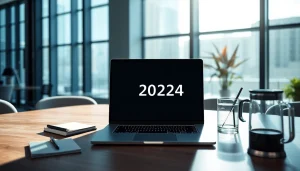 Das Office 2024 Softwarepaket für Unternehmen wird in einer modernen Büroszene verwendet und zeigt einen Laptop mit Office-Anwendungen.