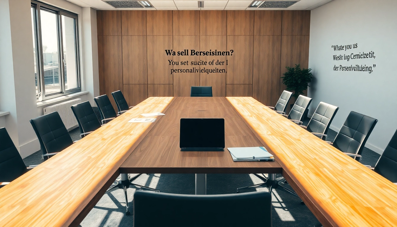 Die Personalvermittlung wird am Konferenztisch mit Bewerbungen und einem Laptop professionell dargestellt.