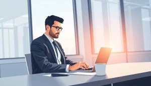 Headhunter analysiert Kandidatenprofile in einem modernen Büro mit Laptop und Notizen.
