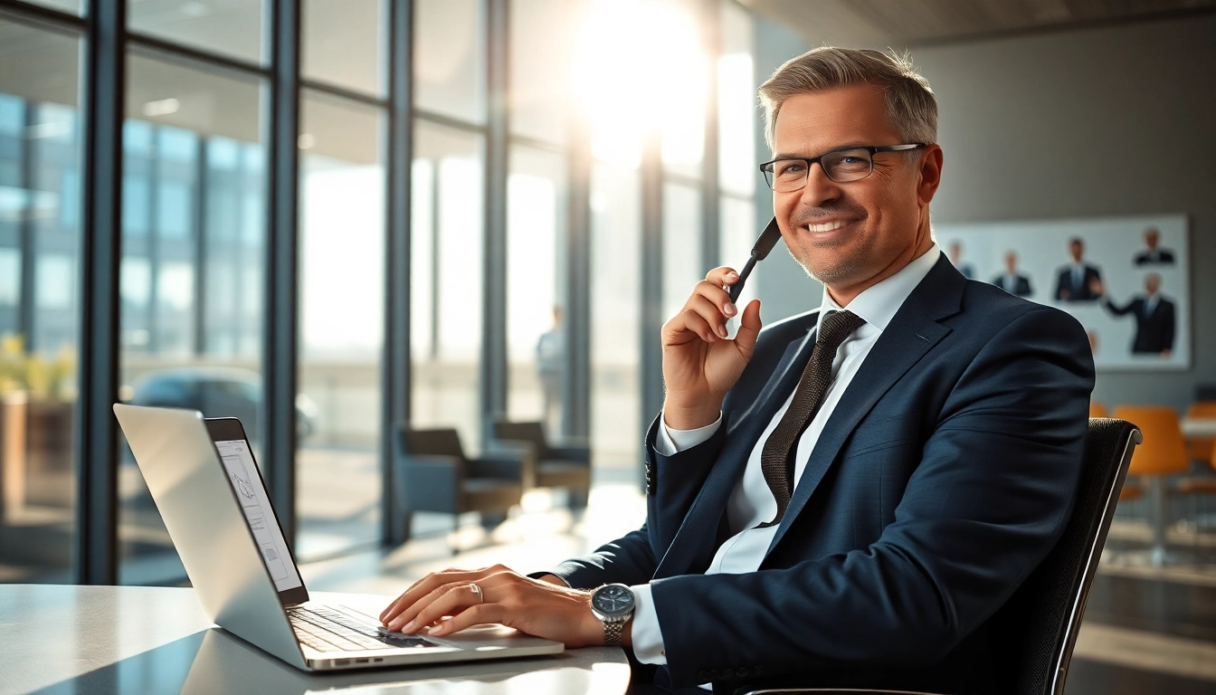 Headhunter Führungskräfte im modernen Büro interviewt Kandidaten am Telefon.