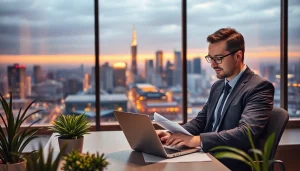 Headhunter Frankfurt in einem modernen Büro mit Skyline-Hintergrund.