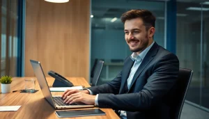 Headhunter arbeitet konzentriert in modernem Büro mit Laptop und Notizen