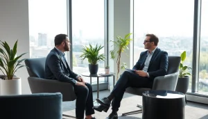 Headhunter Kassel: Ein professionelles Gespräch zwischen einem Headhunter und einem Bewerber in einem modernen Büro mit Stadtblick.