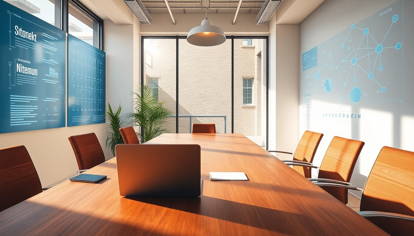 Headhunter IT im modernen Büro, ausgestattet mit Laptop und Tech-Grafiken.