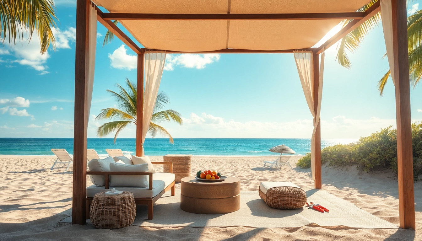 Entspanne im Coastal Cabana, einem modernen Strand-Cabana, umgeben von Palmen und Strandmöbeln.