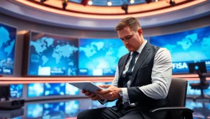 Internationale Nachrichten in einem modernen Nachrichtenraum mit Redakteur.