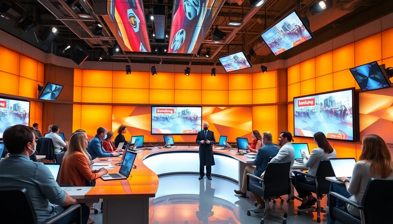 Aktive Journalisten im Nachrichtenraum diskutieren Politik Nachrichten Deutschland.