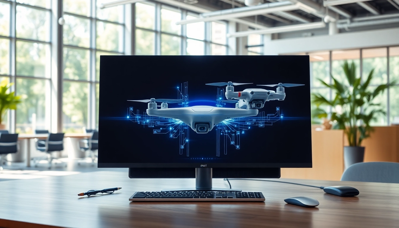 Technologie zeigt innovative Geräte in einem modernen Büro mit holografischen Displays.