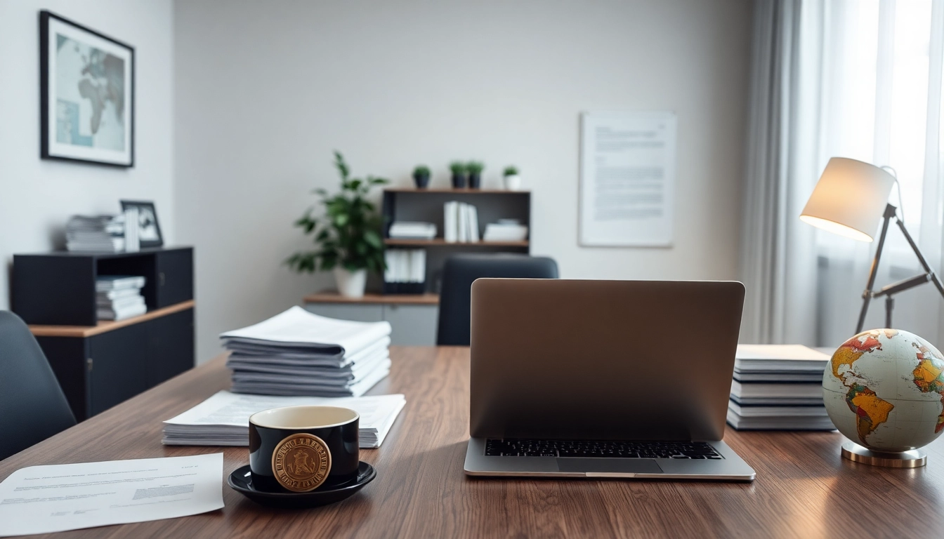 Ein ruhiger Arbeitsplatz für beglaubigte Übersetzungsdienstleistungen mit Dokumenten und einem Notarsiegel, Symbol der beglaubigten Übersetzung.