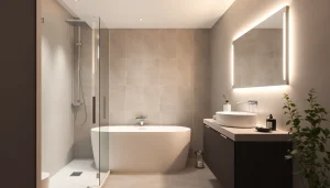 Entdecke die eleganten Produkte von sonni sanitär in einem stilvollen Badezimmerinterieur mit Duschkabine und Badspiegel.