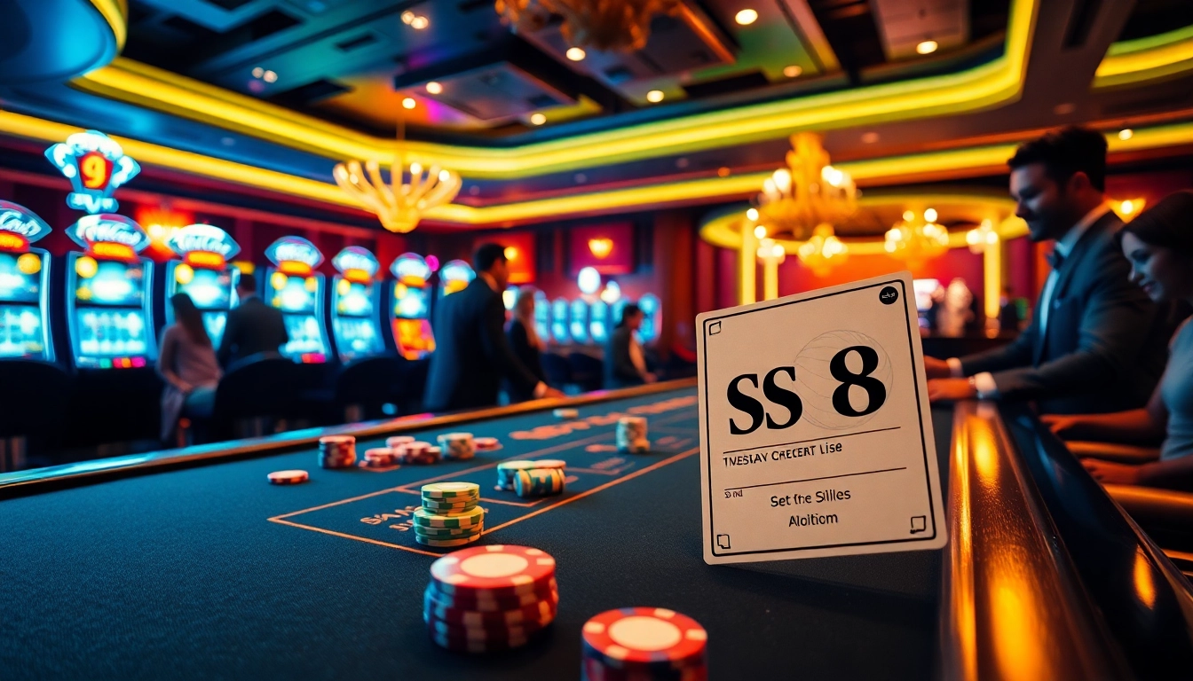 Excited players engage in S8-themed casino games, with vibrant slot machines and poker chips in view.