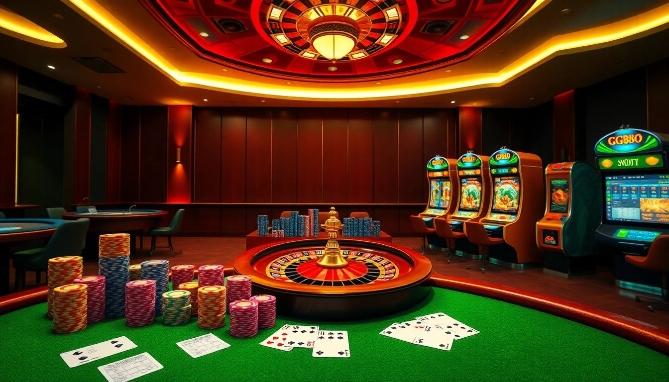 Play exciting games on GG88 with vibrant casino elements like poker chips and roulette wheels.