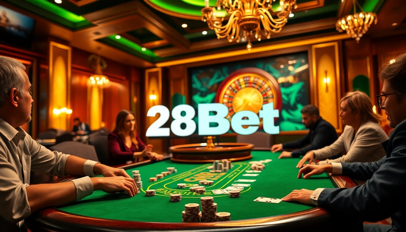 Experience the excitement of 28Bet at a luxury poker table with vibrant gameplay elements.