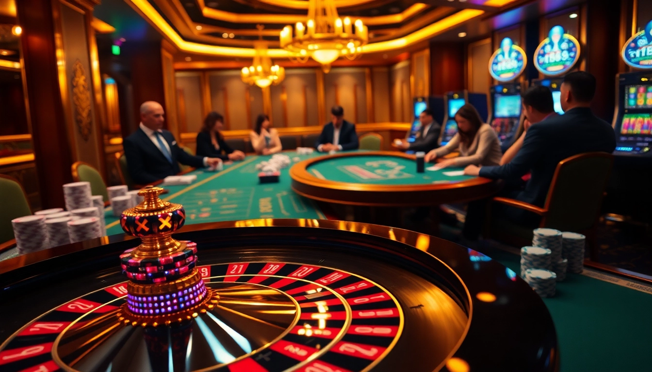 Experience the thrill of casino gaming with RR888 and luxurious table elements in a vibrant setting.