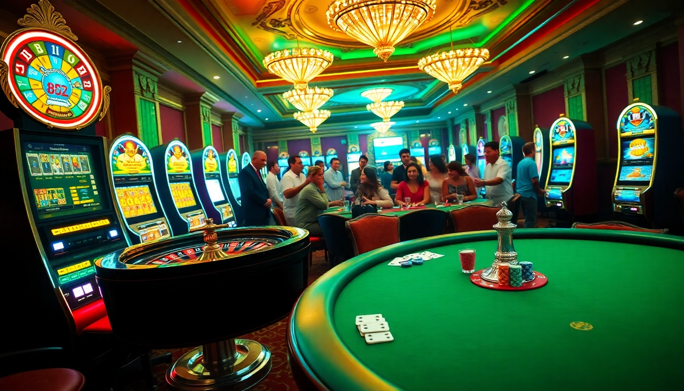 Players celebrating a win at a poker table with b52 cocktails in a vibrant casino setting.