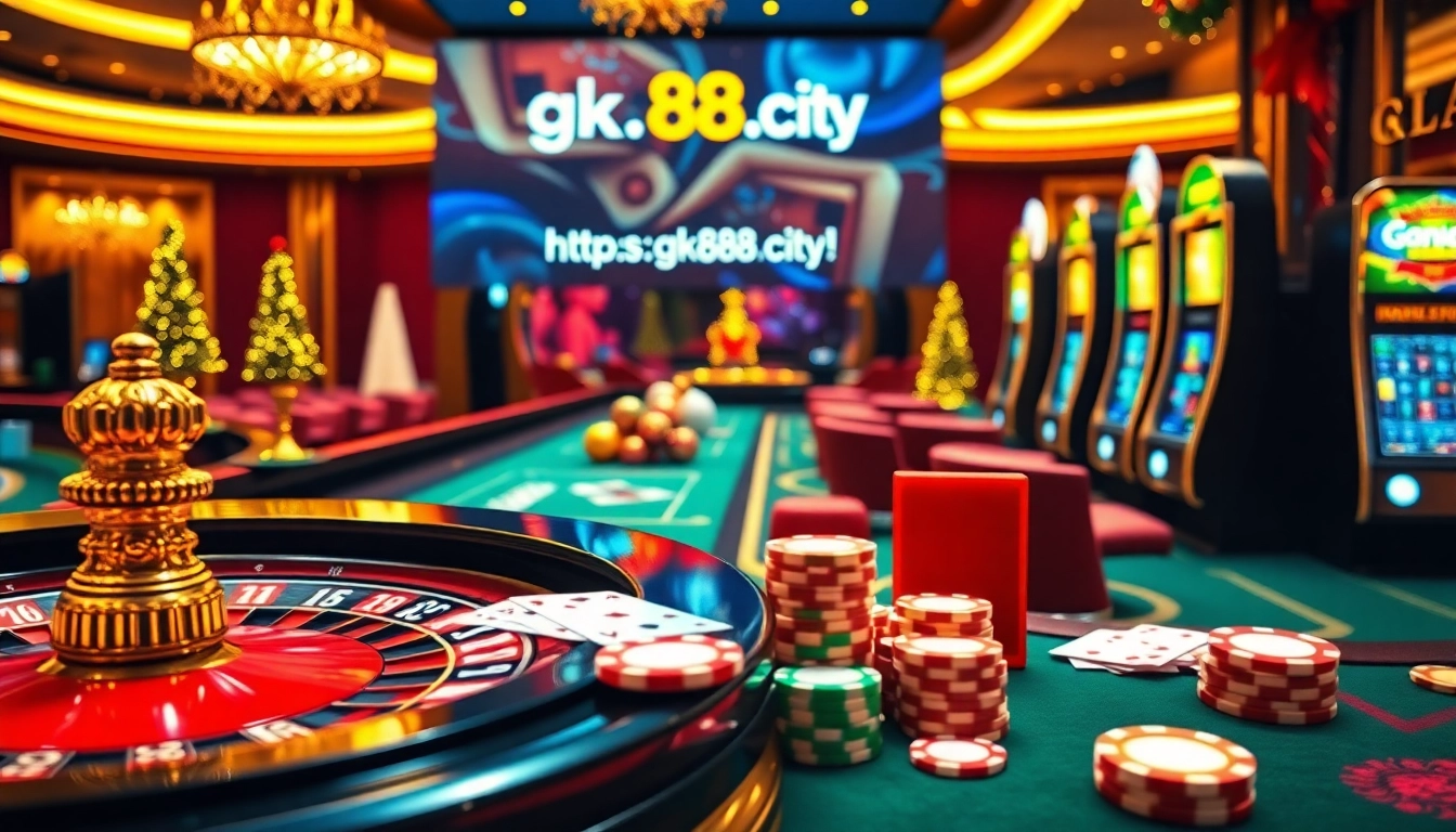 Exciting online gambling environment at https://gk88.city/ featuring vibrant tables and festive decor.