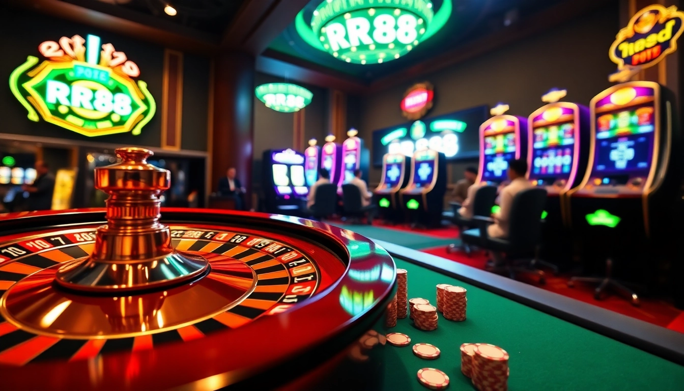 Engaging scene at RR88 casino featuring roulette wheel and vibrant slot machines.
