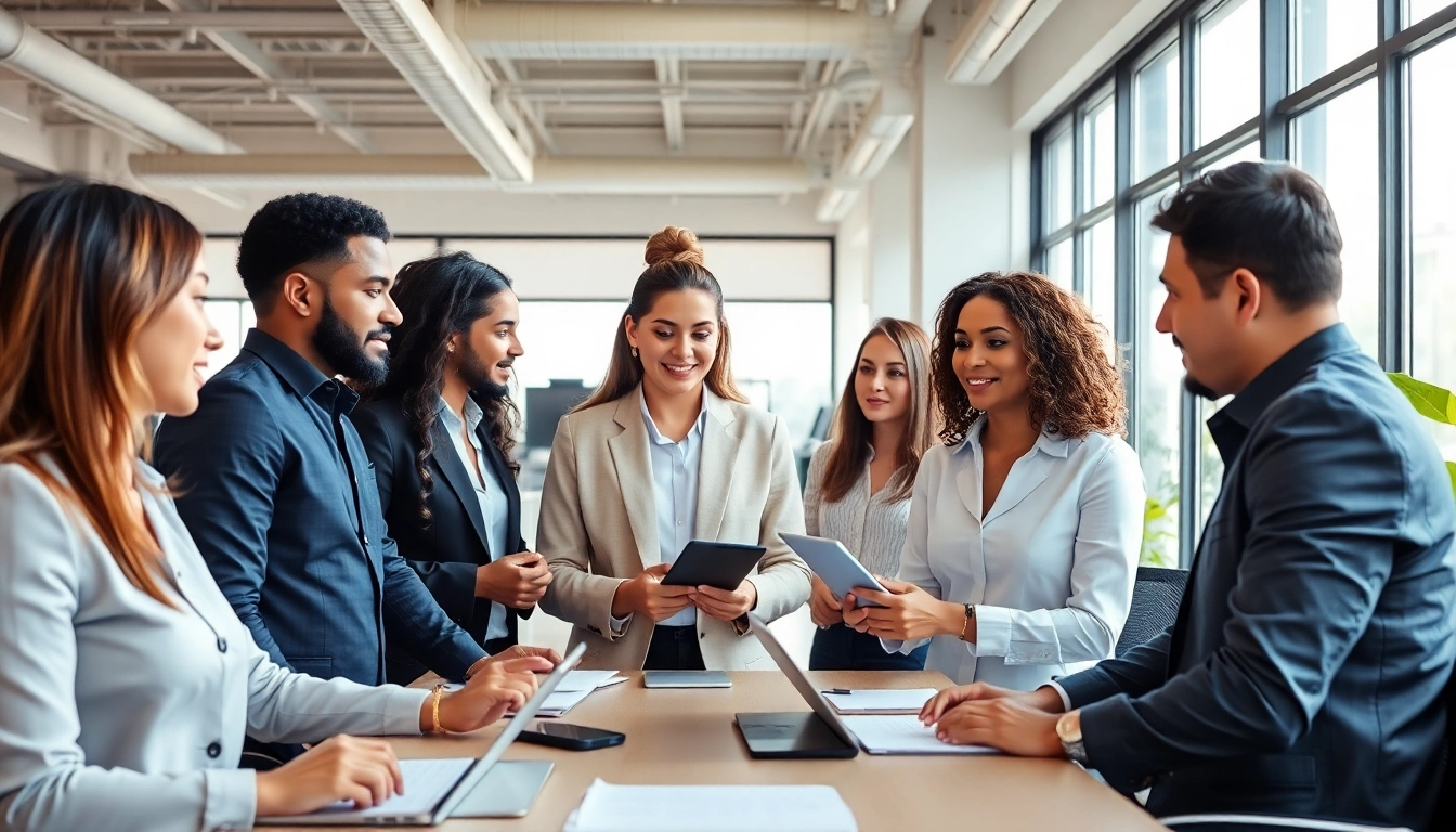 Headhunter IT professionals networking and discussing job opportunities in a bright office environment.