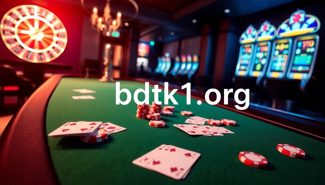 Engage in the thrilling casino action at bdtk1 org with poker chips and roulette wheel.