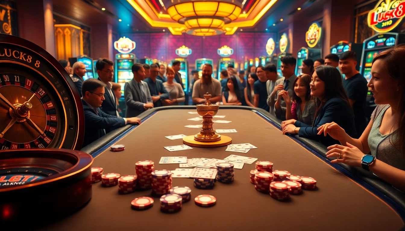 Gamblers celebrate a win at the LUCK8 casino table in an elegant gaming setting.