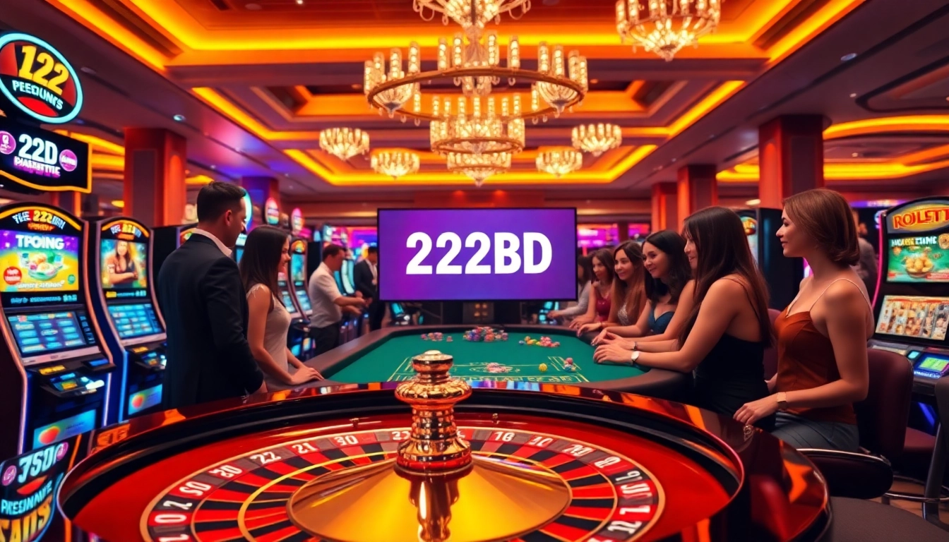 A vibrant casino scene showcasing players at a roulette table with 222BD branding in a luxurious setting.