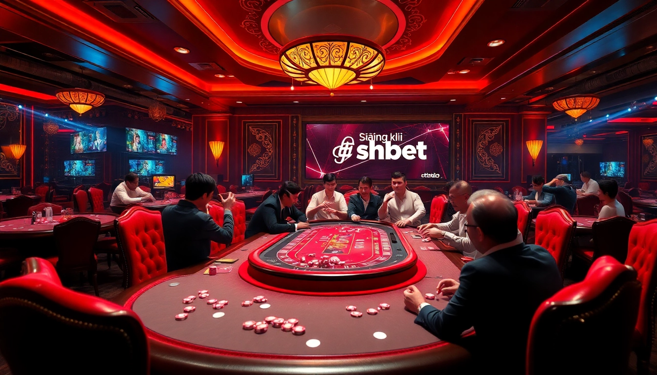 Vibrant casino scene with players enjoying games while learning đăng ký shbet process online.