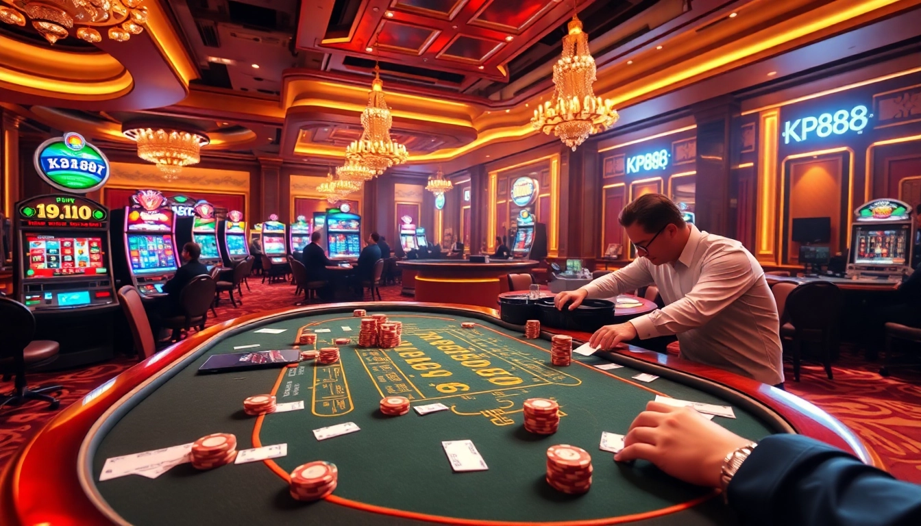 Engage in an exhilarating poker game at KP88 with vibrant casino elements and high-stakes chips.