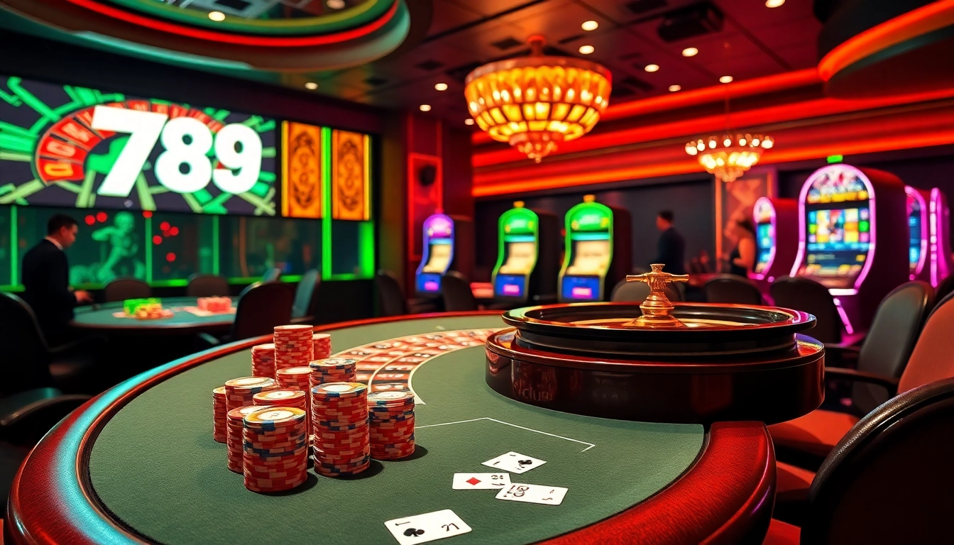 Experience the thrill of gaming at 789club's luxurious casino tables with vibrant poker chips.