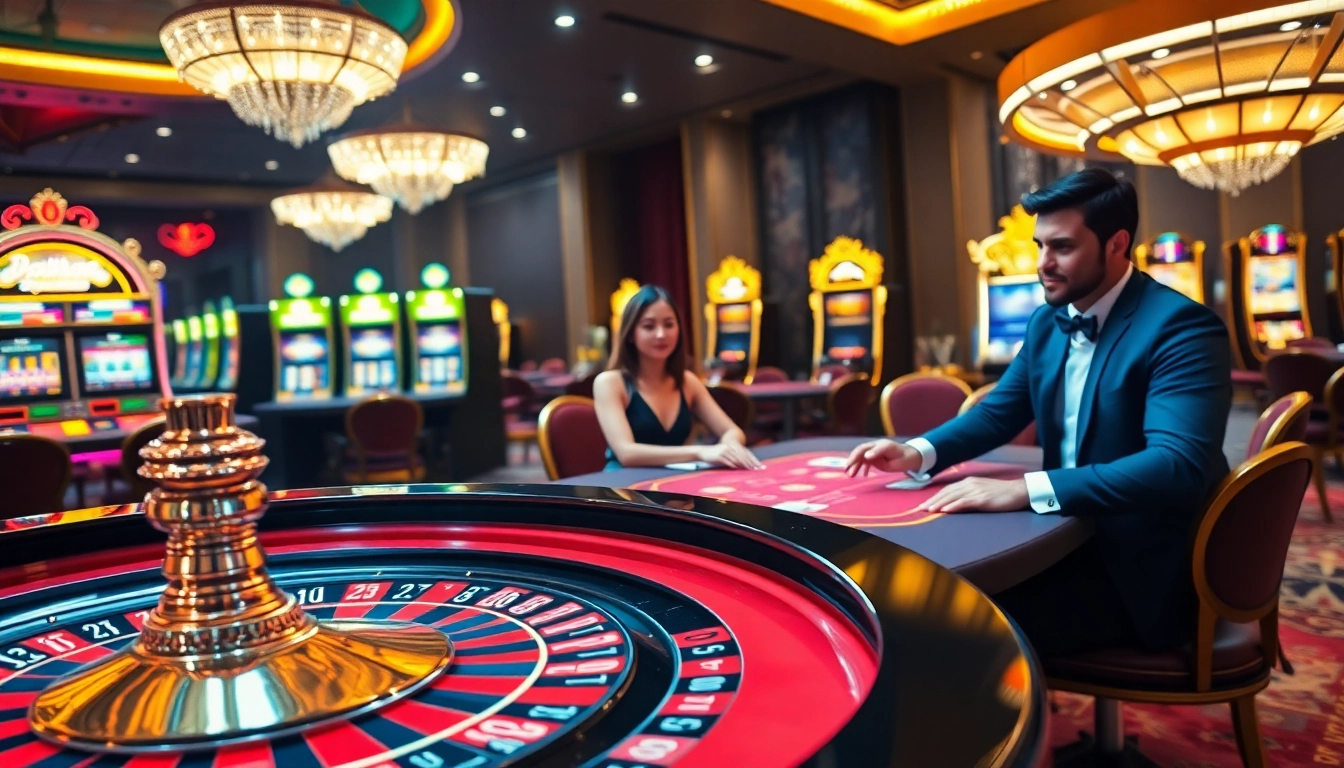 58win players enjoying luxury gambling at a roulette table with vibrant chips and elegant decor.