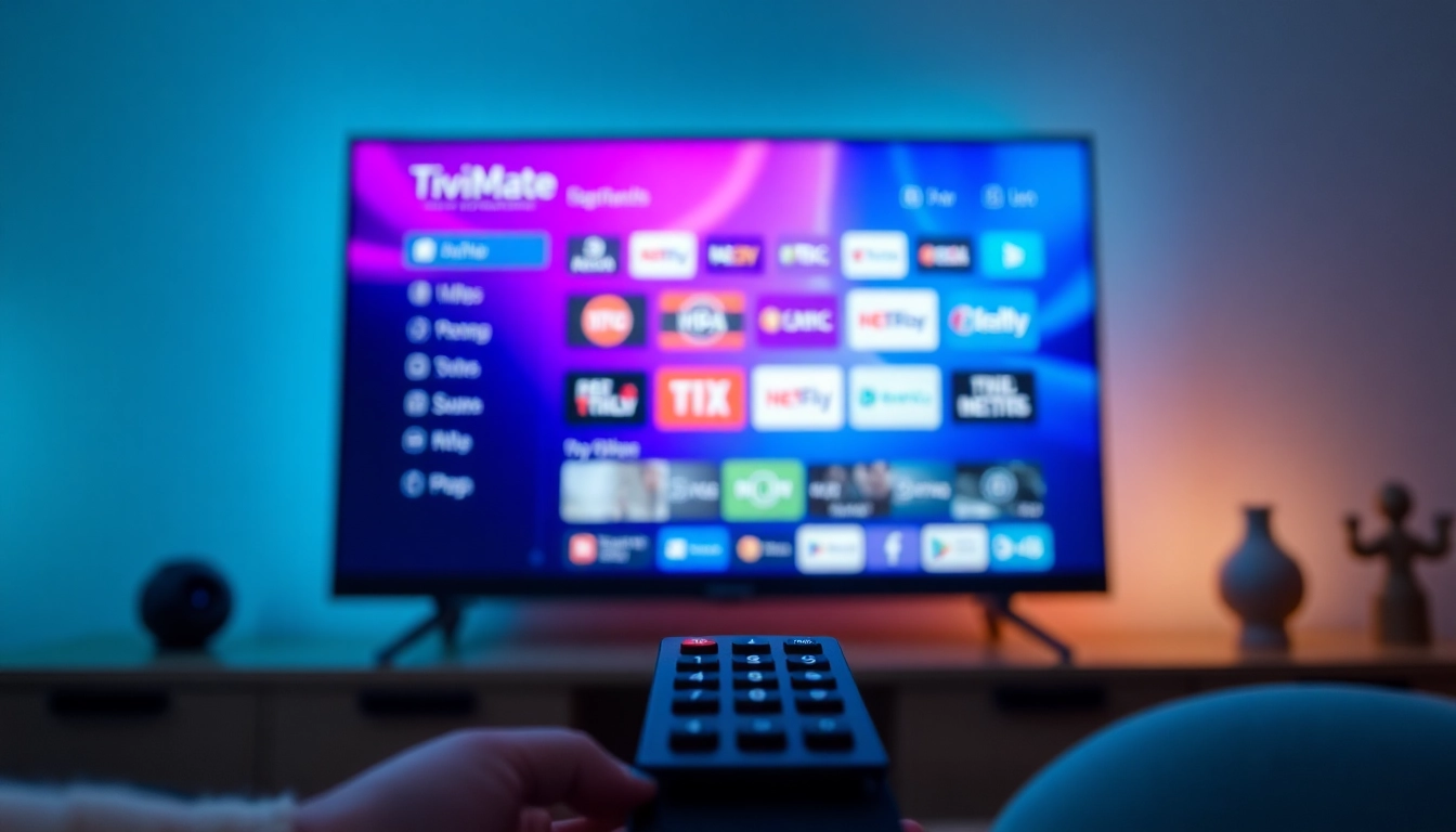 TiviMate app interface on a TV screen displaying IPTV channels with a remote control.