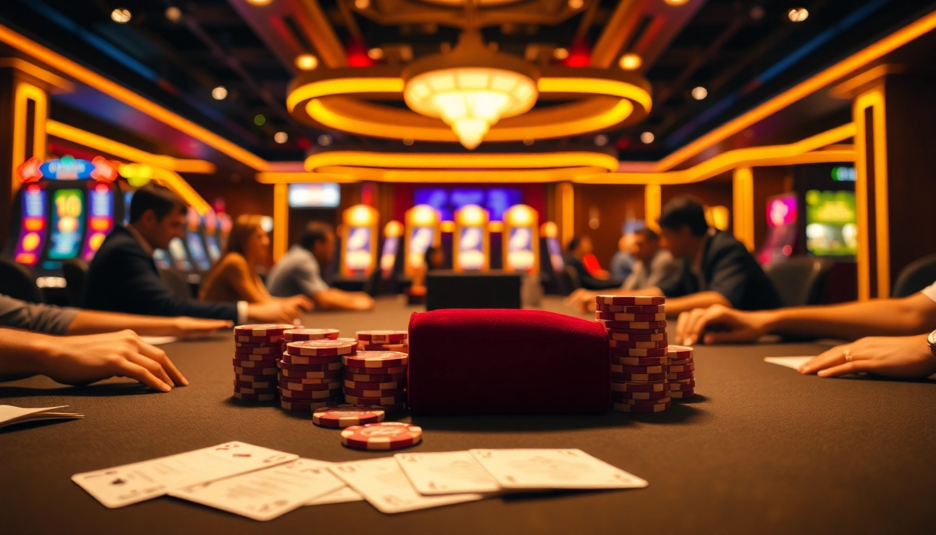 Players enjoying poker at F8 BET's vibrant casino tables, surrounded by colorful slots.