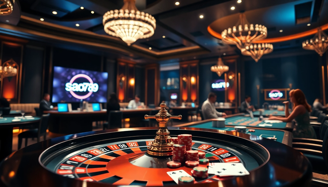 Sao789 players enjoying a thrilling casino experience with poker and roulette elements.