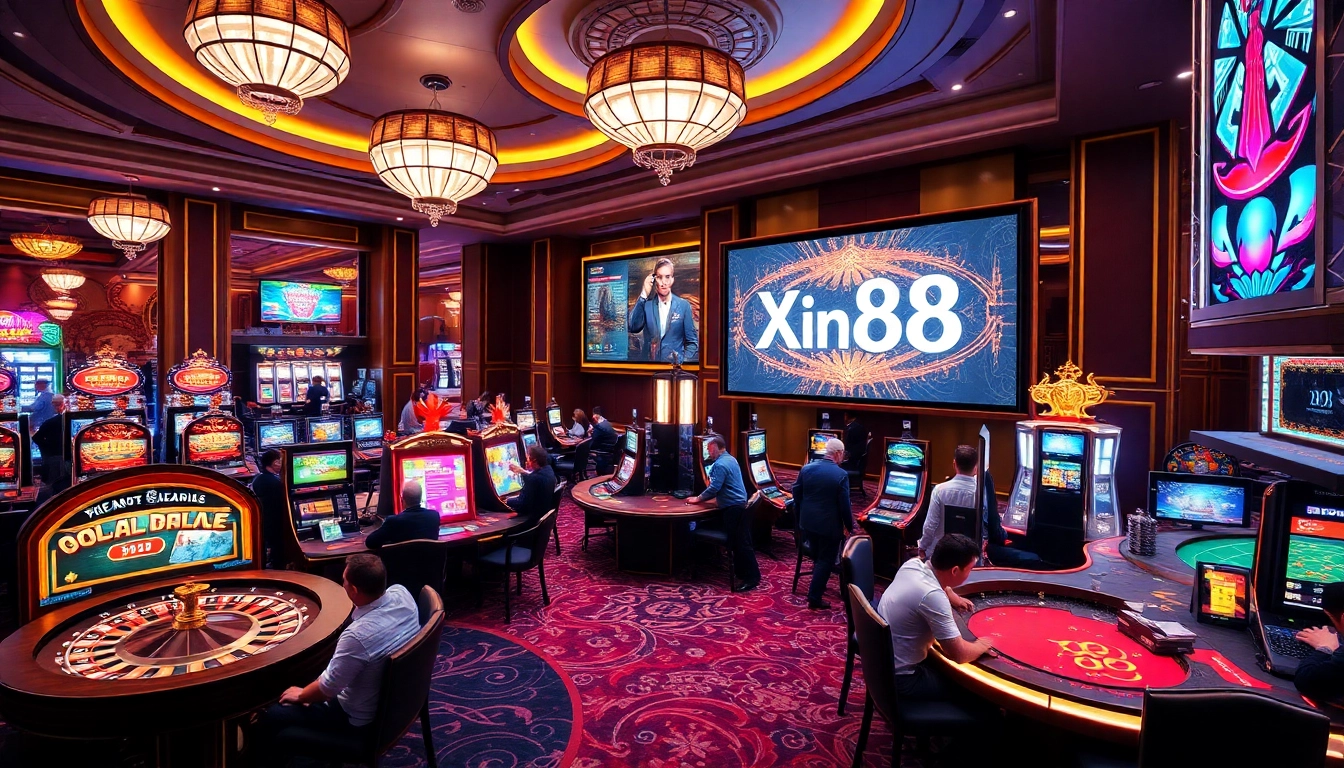 Engaged players at Xin88 casino showcasing luxury gaming experience with slot machines and poker tables.